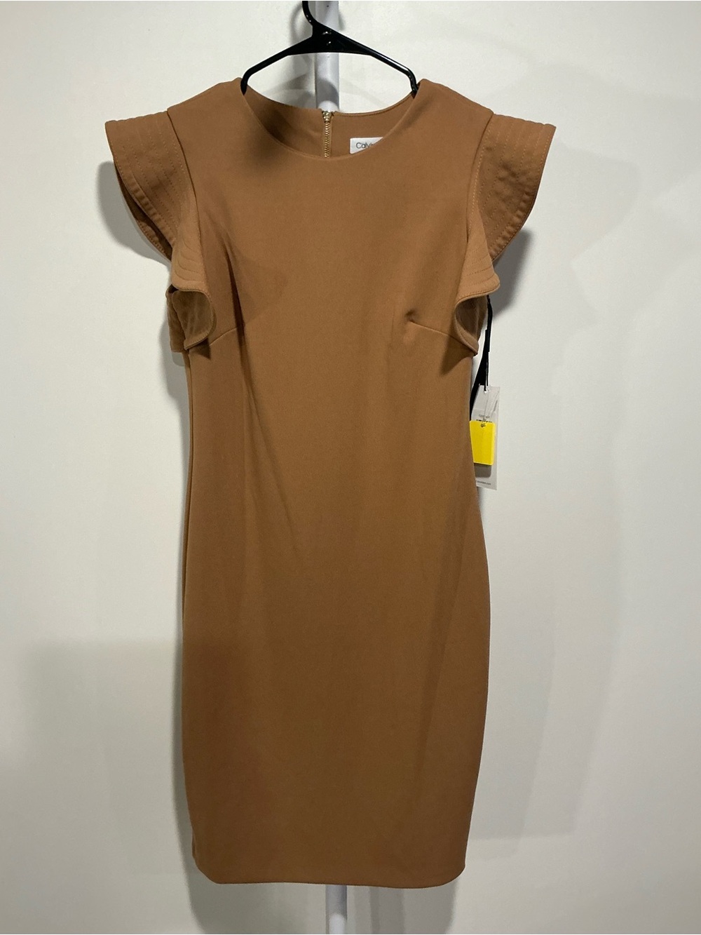 Calvin Klein Camel Brown Ruffle Sleeve Sheath Dress